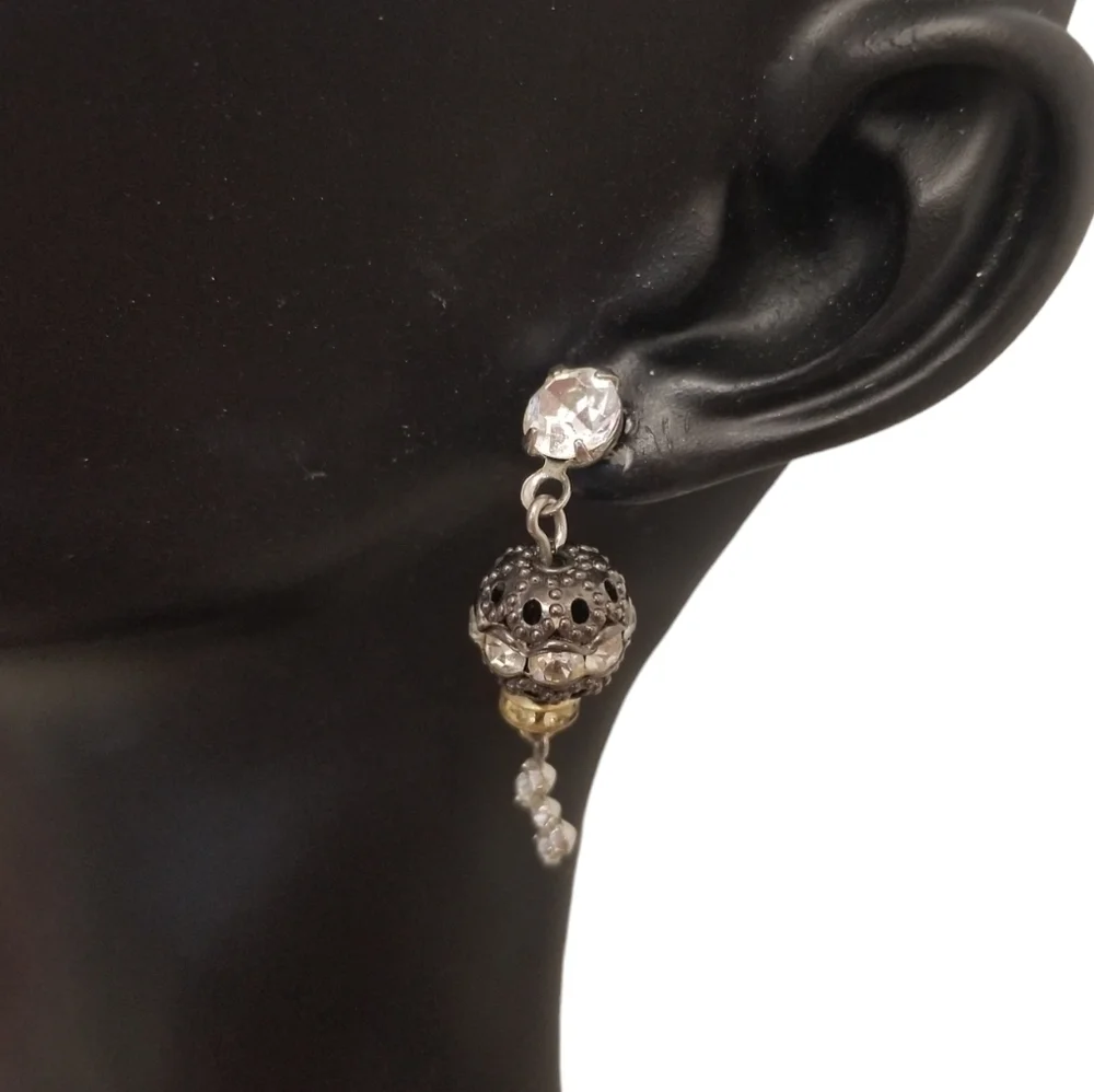 VINTAGE SILVERTONE FILIGREE BALL & CRYSTAL CROSS DROP EARRINGS